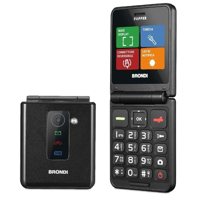 Brondi FLIPPER Telefono Cellulare Senior Clamshell Dual SIM 2.4'' 1.3 MP Bluetooth USB-C colore Nero