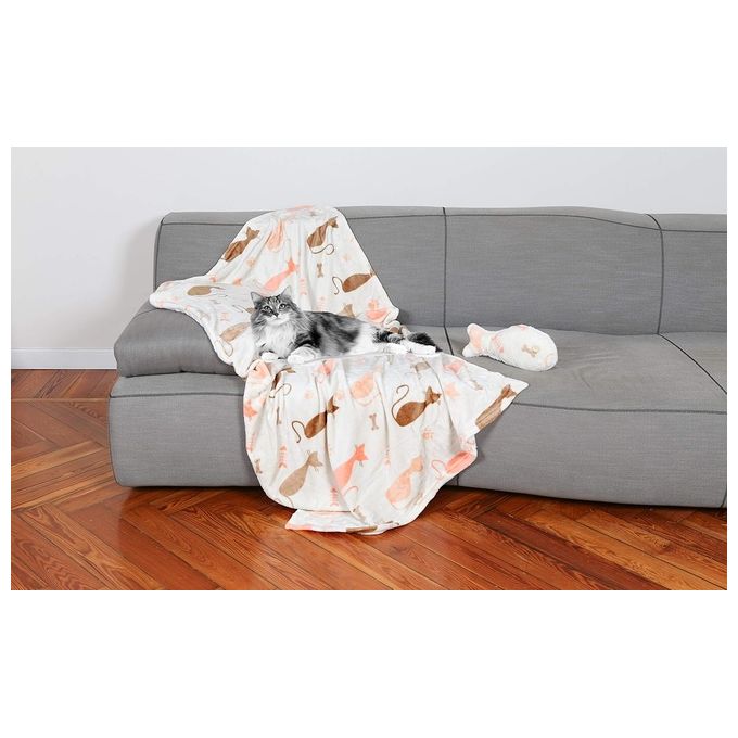 Lavatelli - Kanguru Cat Set Miao - Plaid 100×150 cm con cuscino pesce, lavabile, fantasia grigia