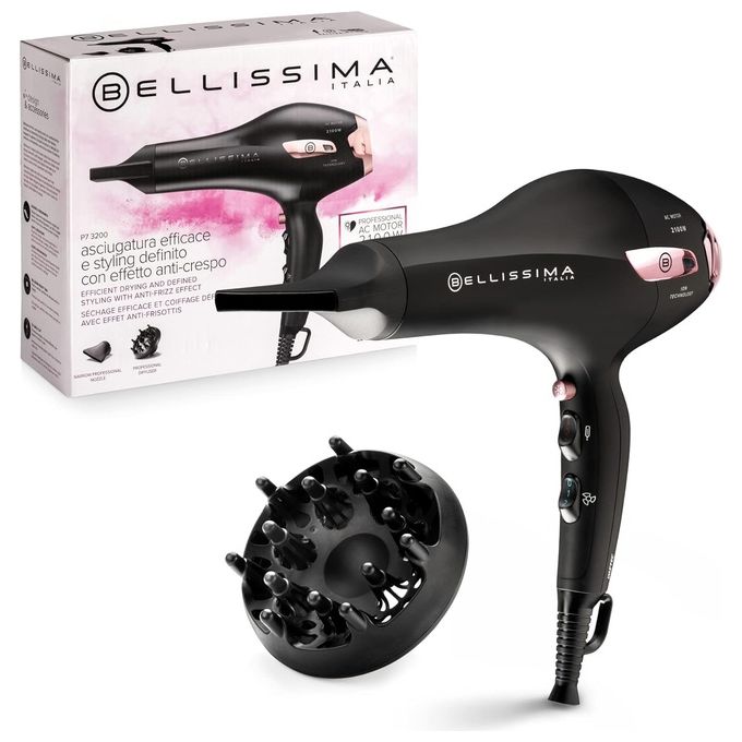 Bellissima 11858 P7 3200 Asciugacapelli 2100 W Ionizzatore Motore AC 2 Velocita' 3 Temperature Diffusore Ricci Custodia da Viaggio colore Nero Rosa