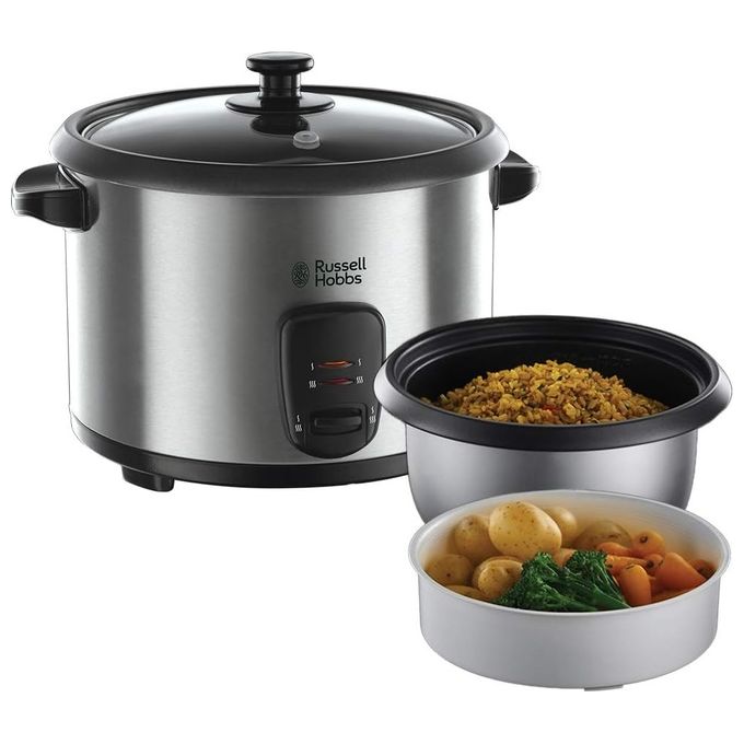Russell Hobbs 19750-56 - Cuociriso elettrico 1,8 L, potenza 700 W, funzione mantenimento in caldo, accessori inclusi: cestello vapore, misurino e cucchiaio, ciotola antiaderente, corpo in acciaio inox spazzolato, colore acciaio-nero