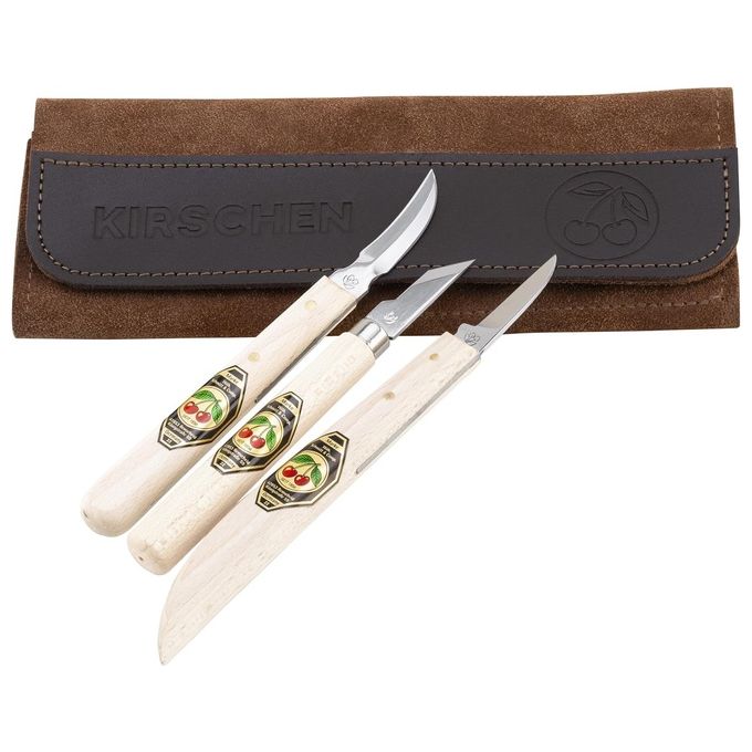 Kirschen 3307000 Set Coltelli da Intaglio 3 pezzi Acciaio al Carbonio 59-61 HRc con Borsa in Pelle Scamosciata