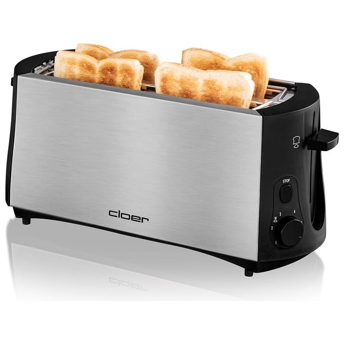 Cloer 3719 Tostapane 4 Fette Fessura Lunga 1380 W Scongelamento Riscaldamento colore Nero Acciaio Inox