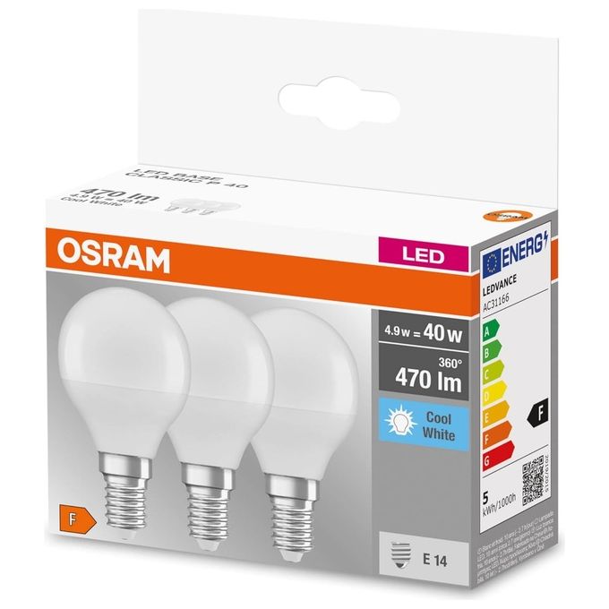 Osram LED BASE CLASSIC P Lampadina LED E14 5,5W 470lm 4000K Bianco Freddo Smerigliata Confezione 3 pezzi