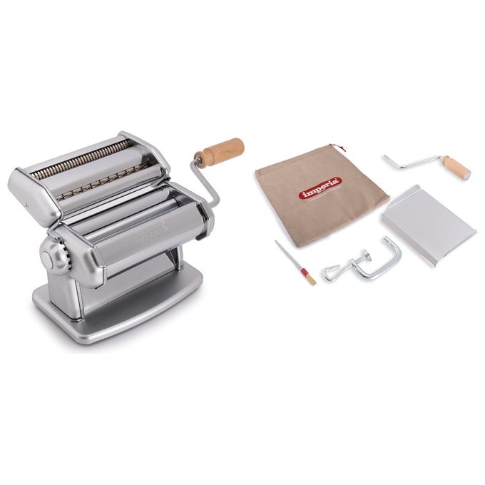 Imperia 4110 iPasta Macchina per la pasta manuale in acciaio cromato con rulli regolabili 6 posizioni e taglierino Duplex colore Argento