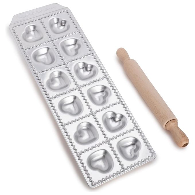 Imperia RAVIOLAMP LINEA CLASSICA Stampo per Ravioli 12 Cuoricini in Alluminio con Mattarello Made in Italy