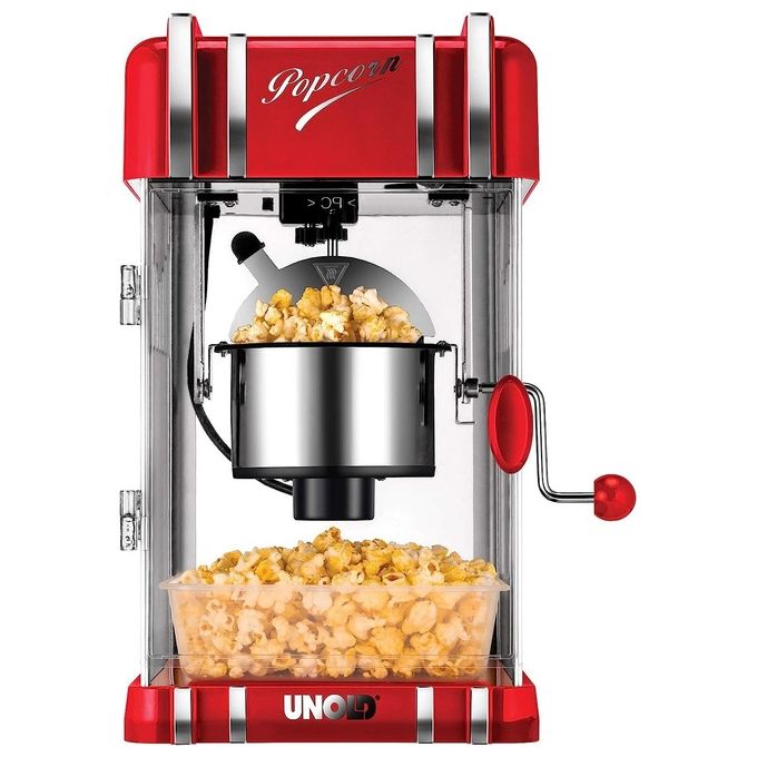 Unold 48535 Macchina per Popcorn Retro 300 W Pentola in Acciaio Inox Antiaderente Illuminazione Interna e Mantenimento Caldo colore Rosso Metallico e Argento