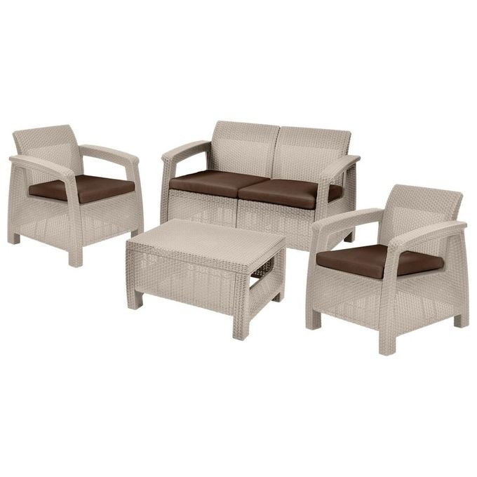 Keter 227693 Corfu Lounge Set da Giardino Divano 2 Poltrone Tavolino Resina Effetto Rattan colore Cappuccino