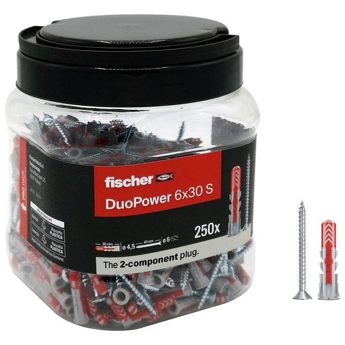 Fischer 572885 DuoPower Tasselli con Vite 6x30 mm 250 Pezzi Propack Secchiello Riutilizzabile colore Grigio