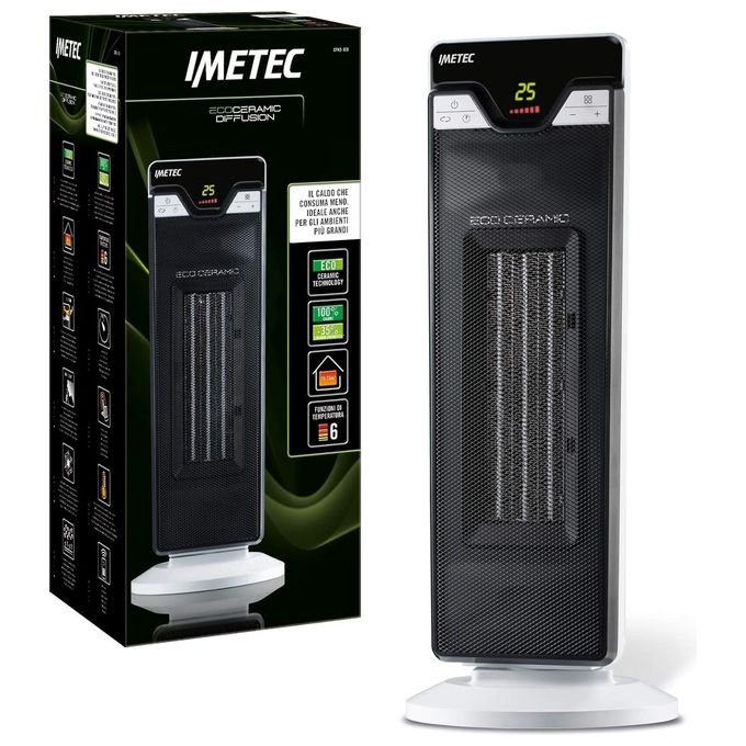 Imetec 4035 Eco Ceramic Diffusion Termoventilatore a Torre Ceramico 2200W 6 Livelli Timer Telecomando Oscillante colore Nero Bianco