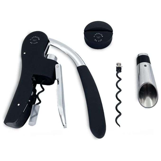 L'Atelier du Vin TR10F41 Oeno Collection Set Accessori Vino 4 pezzi Cavatappi Spirale Tagliafoglio Versatore colore Nero