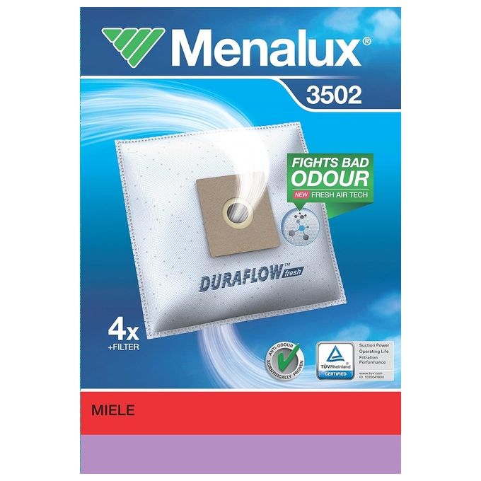 Menalux 3502 Duraflow Sacchetti per Aspirapolvere 4 pezzi con Filtro Motore compatibili con Philips AFK Dirt Devil Alaska