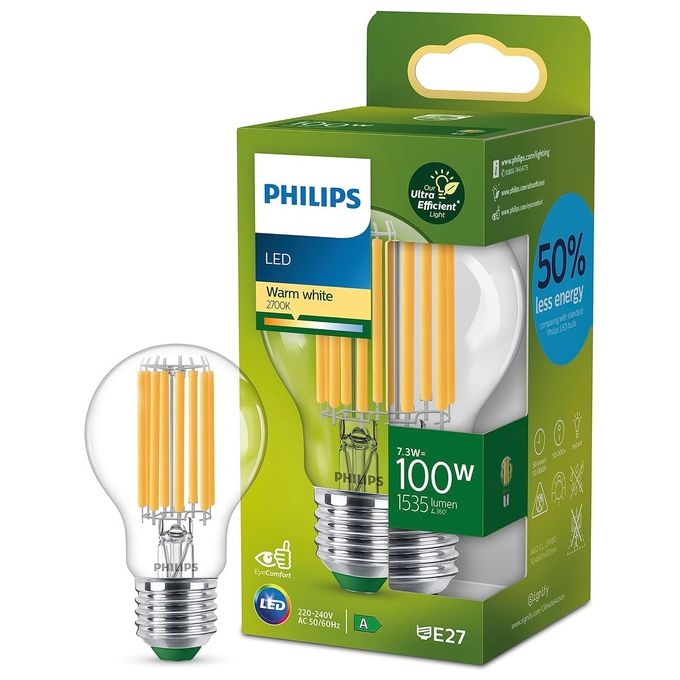 Philips 929003625101 LEDclassic Lampadina LED Goccia Filamento A60 E27 7.3W 1535lm 2700K Classe A colore Trasparente