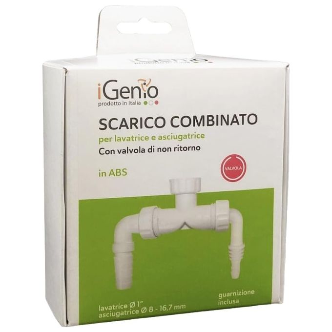 Igenio 933 Scarico Combinato per Lavatrice e Asciugatrice con Valvola di Non Ritorno ABS attacco 1'' colore Bianco