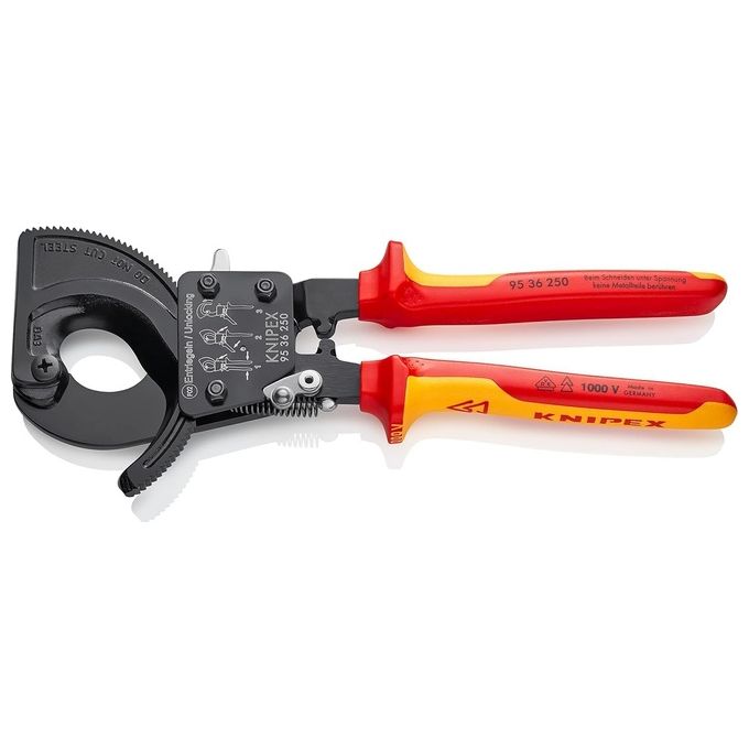 KNIPEX 95 36 250 Cesoia a Cremagliera per Cavi in Rame e Alluminio fino a 240 mm² e Ø 32 mm con Manici Bicomponente Isolati VDE colore Nero