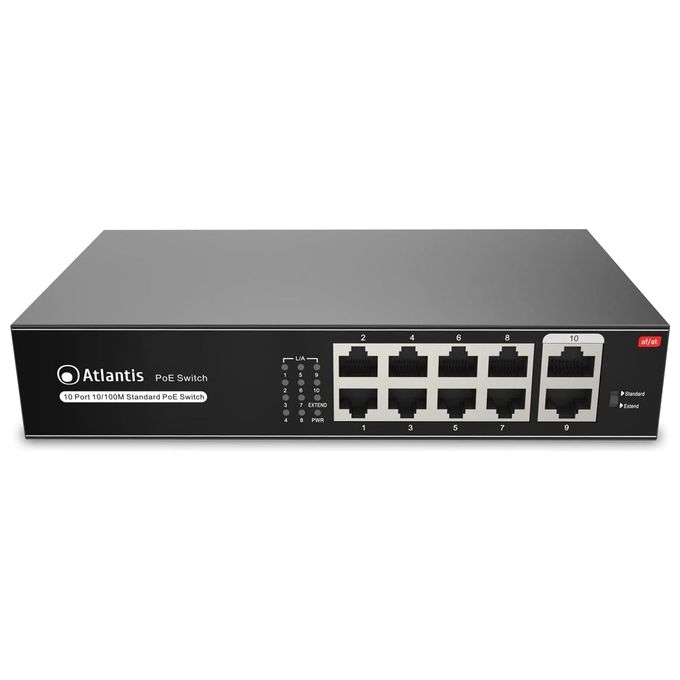 Atlantis A02-F10P8-120W Switch 10 Porte 10-100Mbps 8 Porte PoE fino a 115W Alimentazione Interna Kit Montaggio Rack e Muro colore Nero
