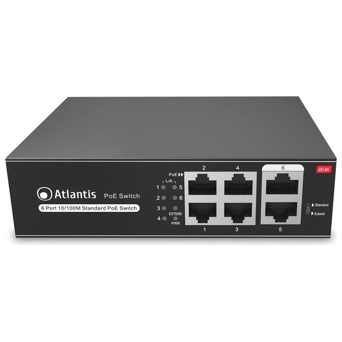 Atlantis A02-F6P4-65W NetPower Switch PoE 6 Porte Fast Ethernet 10-100 Mbps 4 Porte PoE 30W 802.3af-at VLAN Extended 250m Rack 19'' colore Nero