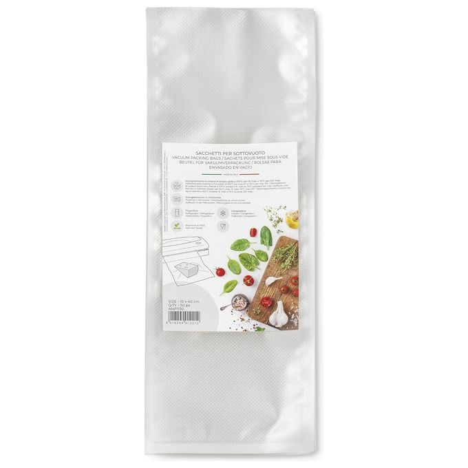 Magic Vac ANP1130 Sacchetti per Sottovuoto Goffrati 50 pz 15x40 cm senza BPA riutilizzabili adatti per congelatore frigorifero e microonde