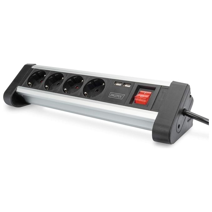 Digitus DA-70614 Ciabatta Multipresa da Ufficio 4 Prese Schuko 2 Porte USB 3680W Cavo 1.5m colore Nero Argento