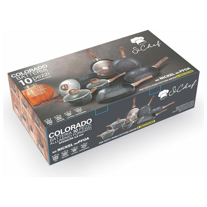 Galileo Casa 5916587 SìChef Batteria 10 pezzi in alluminio forgiato antiaderente per induzione colore Grigio e manico Marrone