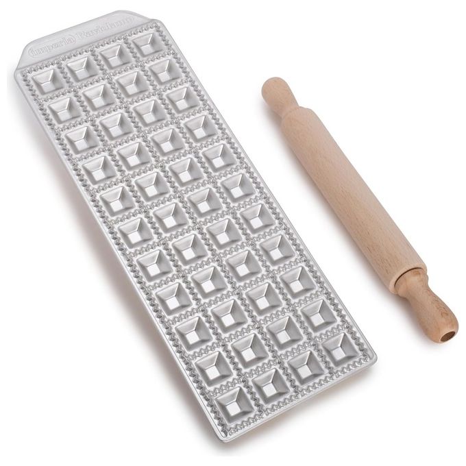 Imperia 3300 Raviolamp Stampo per Ravioli 44 Raviolini da Brodo in Alluminio con Rullo in Legno
