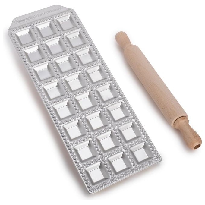 Imperia 3304 Raviolamp Stampo per Ravioli 24 Fori 3,5 cm Alluminio con Rullo in Legno Made in Italy