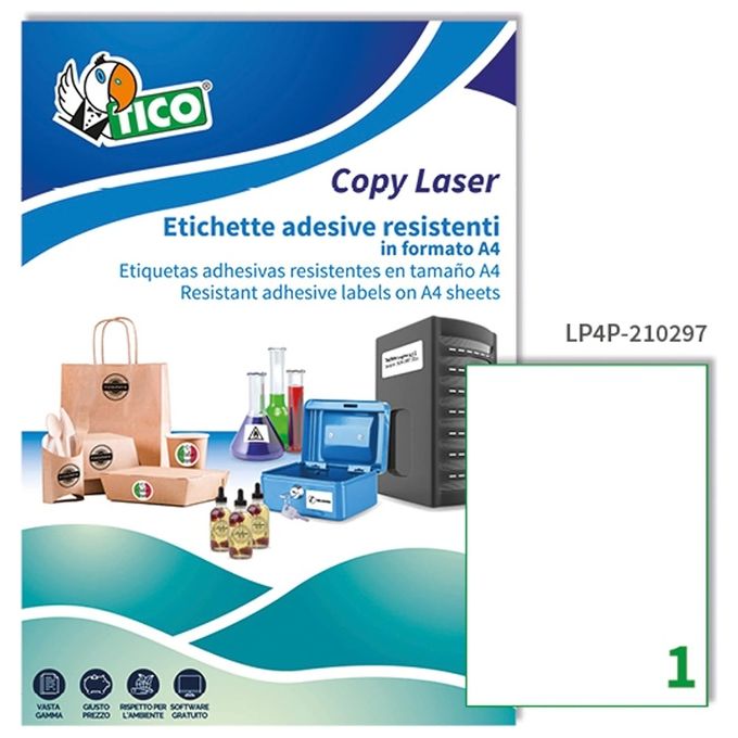 Tico Italia LP4P-210297 Etichette Adesive in Poliestere Bianco Opaco Stampabili con Stampante Laser 1 Etichetta per Foglio A4 70 Fogli per Confezione colore Bianco