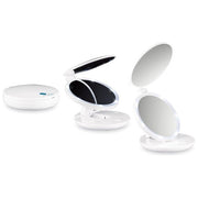 Macom Pocket Mirror 218 - Specchietto da borsa pieghevole con LED, doppio specchio (normale + ingrandimento 7×), alimentato da 4 batterie AAA, Ø 11,5 cm, Bianco
