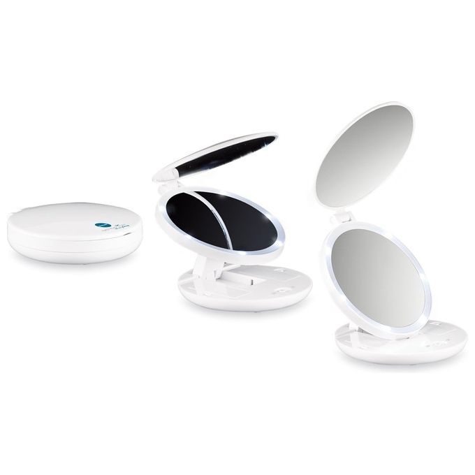 Macom Pocket Mirror 218 - Specchietto da borsa pieghevole con LED, doppio specchio (normale + ingrandimento 7×), alimentato da 4 batterie AAA, Ø 11,5 cm, Bianco