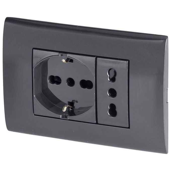 Poly Pool KIT_ Incasso con Frutti Presa Corrente Elettrica Schuko Pluristandard Spina 10A-16A Italiana-Tedesca e Frutto Presa Bivalente 10A-16A Nero