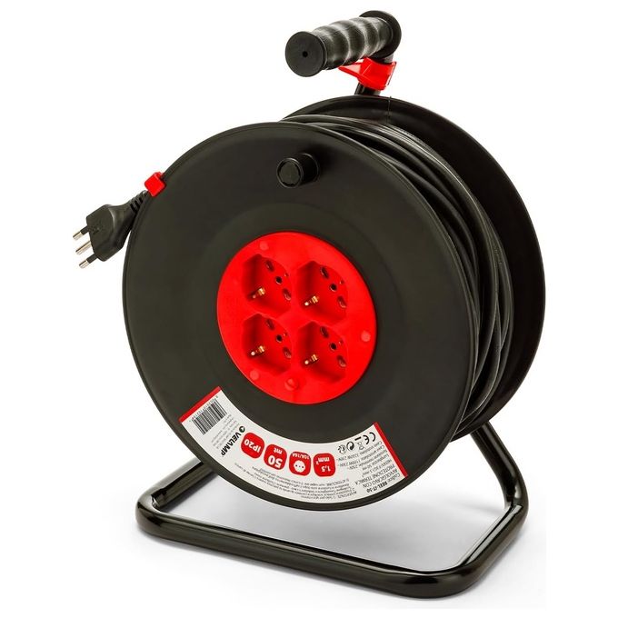 Velamp REEL-IT-50 Avvolgicavo Prolunga Elettrica 4 Prese Polivalenti Schuko 10-16A Spina 16A Cavo 50mt 3G1.5mm² Protezione Termica Interruttore di Sicurezza colore Rosso - Nero