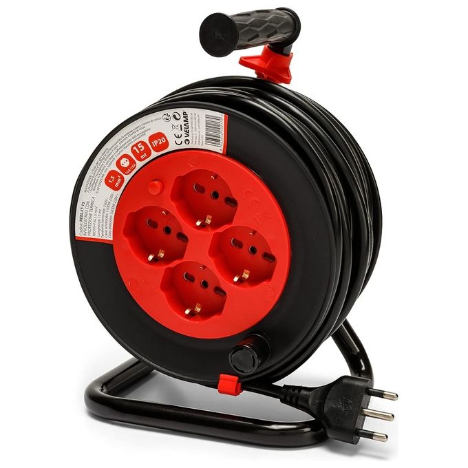Velamp REEL-IT-15 Avvolgicavo Prolunga Elettrica 15mt 4 Prese Schuko+10-16A Spina 16A Cavo 3G1,5mm² Protezione Termica e Bambini colore Nero