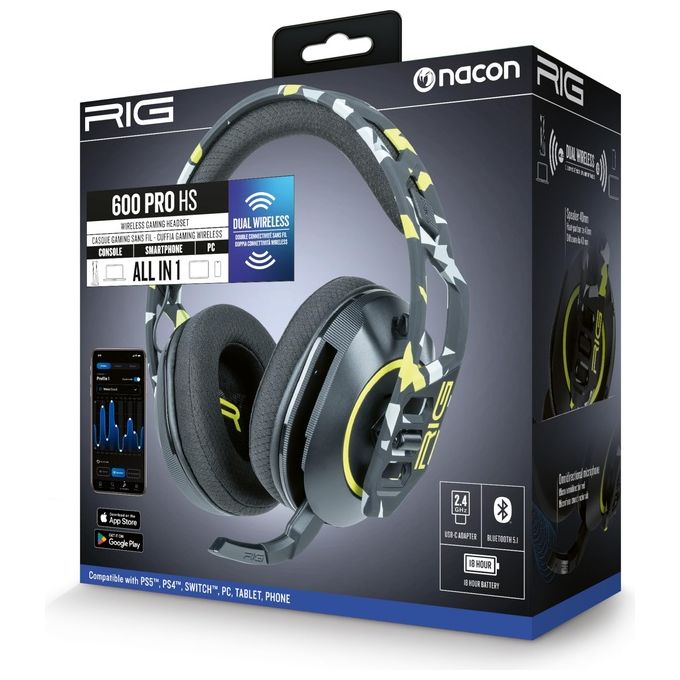 NACON RIG600PROHSACID RIG 600 PRO HS Auricolare Gaming Con cavo e senza cavo Bluetooth 5.1 USB tipo-C Nero Bianco Giallo colore Acid Camo