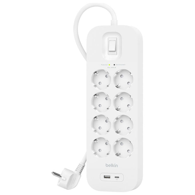 Belkin SRB003VF2M-V2 Presa Multipla 8 prese Tipo F 2 USB 2 m con protezione sovratensioni colore Bianco