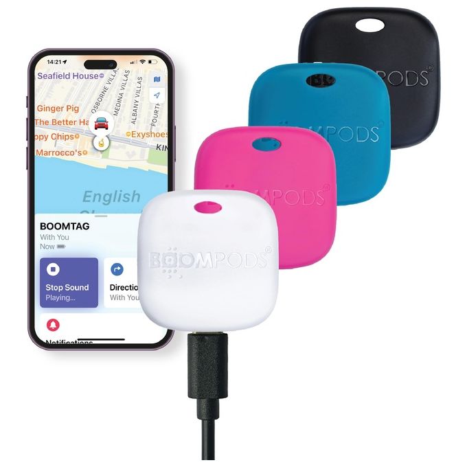 Boompods TAGRE4 Boomtag Localizzatore Bluetooth Ricaricabile USB-C 6 Mesi Autonomia IPX7 Colore Nero Blu Rosa Bianco