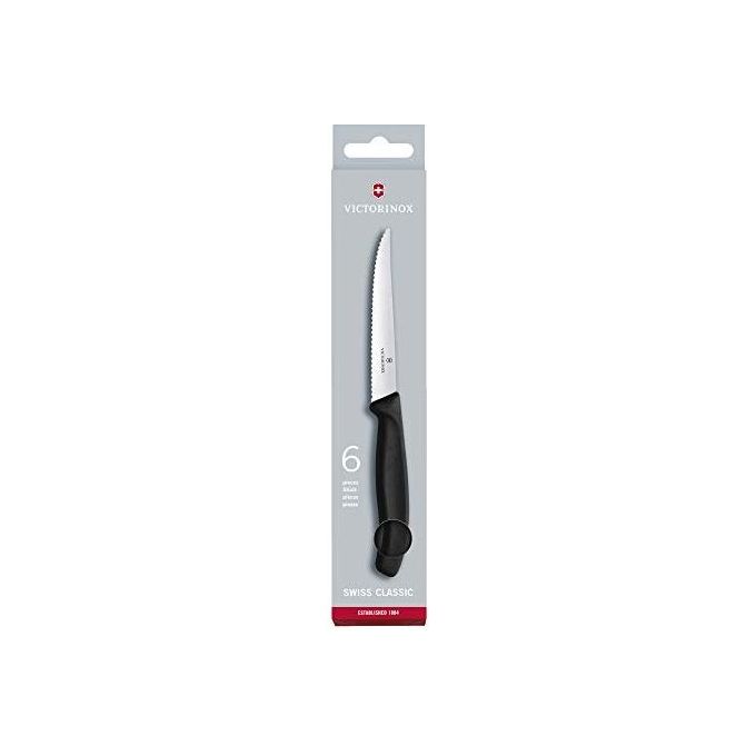 Victorinox 6.7233.6 Swiss Classic Set di 6 Coltelli da Bistecca e Pizza Lama Ondulata in Acciaio Inossidabile Lavabili in Lavastoviglie colore Nero