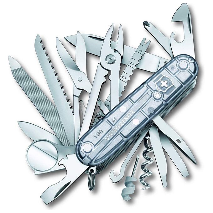 Victorinox 1.6794.T7 Swiss Champ Coltello Multiuso 31 Funzioni Lama in Acciaio Inox ABS Cellidor colore Argento Trasparente