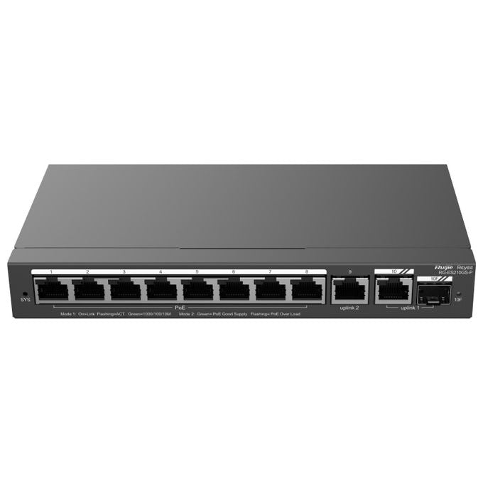 Ruijie WIF-RY-00256 RG-ES210GS-P Switch di Rete Gestito L2 10 Porte Gigabit PoE+ 120W 1x SFP Combo colore Nero
