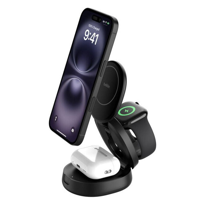 Belkin WIZ034KQBK Caricatore senza fili 3-in-1 con tecnologia Qi2 e compatibilitì MagSafe 15 W colore Nero