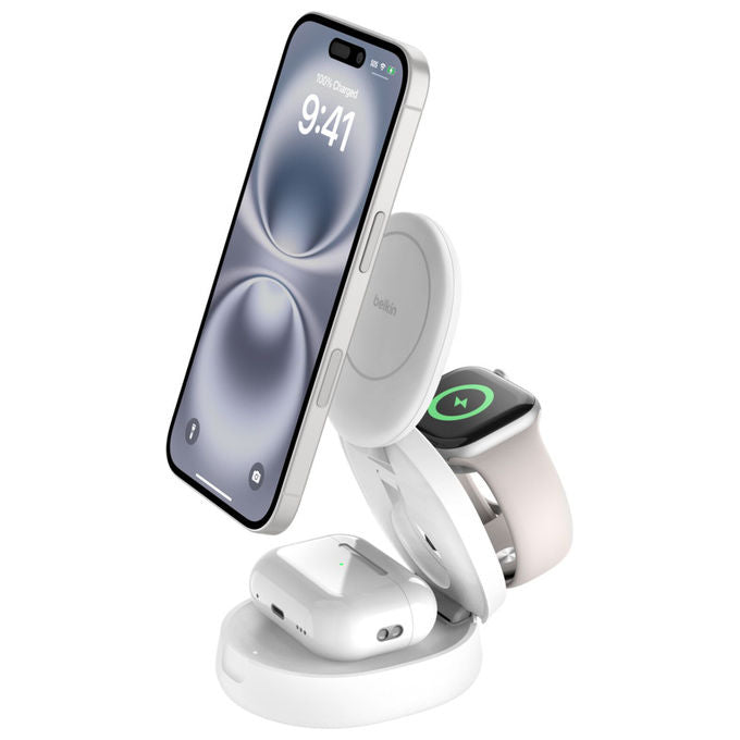Belkin WIZ034KQWH BoostCharge Supporto di ricarica wireless 3 in 1 magnetico compatto con ricarica rapida 15 W e tecnologia Qi2 colore Bianco