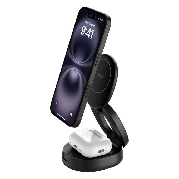 Belkin WIZ035KQBK Stazione di Ricarica 2 in 1 Wireless Qi2 con Ricarica Rapida 15 W Cavo 1,5 m Adattatore Incluso colore Nero