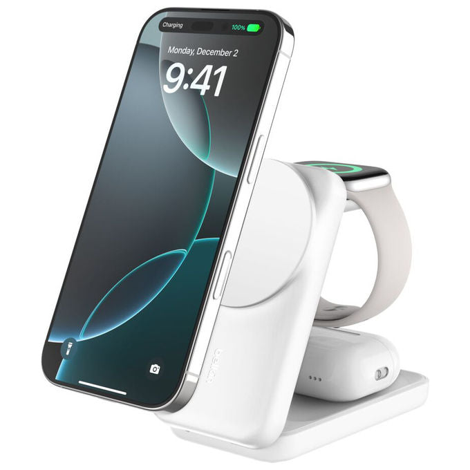 Belkin WIZ036KQWH Caricabatterie Magnetico 3-in-1 Qi2 25W Ricarica Rapida USB-C Bianco colore Bianco