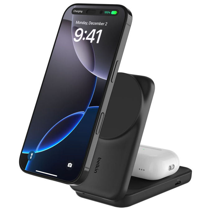 Belkin WIZ038KQBK UltraCharge Stazione di ricarica wireless 2-in-1 Qi2 magnetica pieghevole 25 W USB-C colore Nero