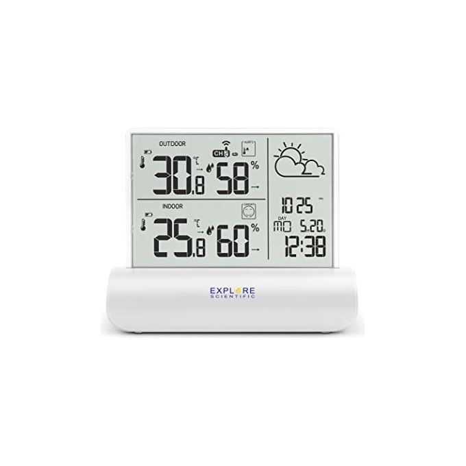 Explore Scientific WSH4501 Stazione Meteo Display Vetro Trasparente Barometro Temperatura Umidita' Interna Esterna 3 Sensori 100 m colore Bianco