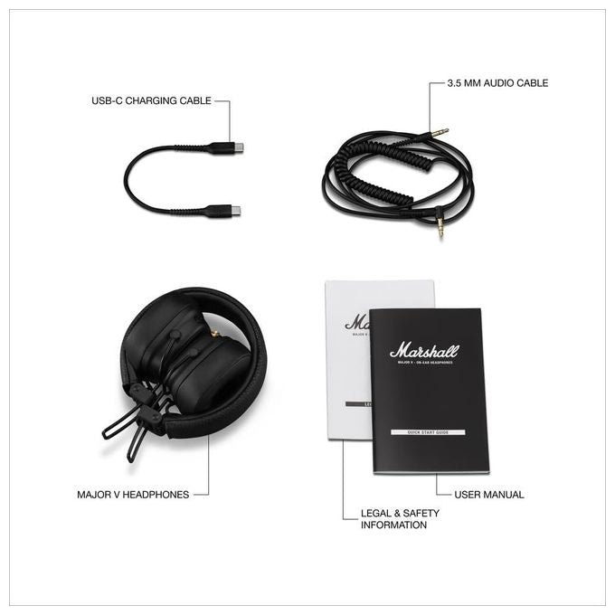 Marshall 1006832 Major V Cuffie On-Ear Bluetooth 5.3 con Microfono 100 ore Ricarica Wireless colore Nero
