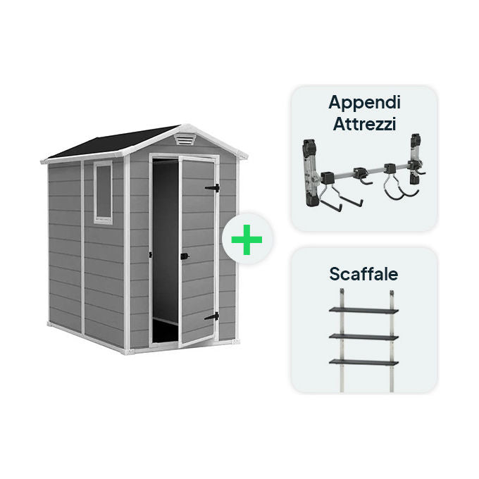 Keter KIT_ Casetta Manor 4x6 Grigia 130x192x198H con Appendi Attrezzi e Scaffale