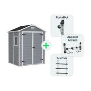 Keter KIT_ Casetta Manor 6x5 Grigia misure 185x152x226H con Appendi Attrezzi Porta Bici e Scaffale