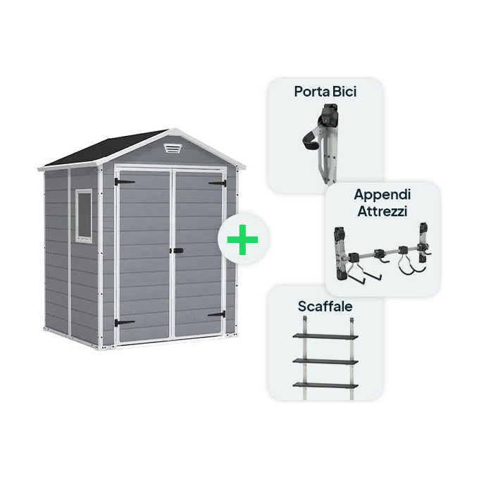 Keter KIT_ Casetta Manor 6x5 Grigia misure 185x152x226H con Appendi Attrezzi Porta Bici e Scaffale