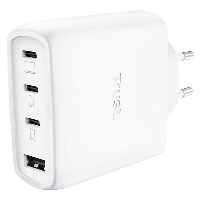Trust Maxo caricatore universale 65W GaN, 3 porte USB-C, 1 porta USB-A, ricarica rapida, cavo 2m, Bianco