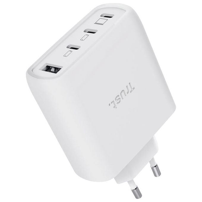Trust Maxo caricatore universale 65W GaN, 3 porte USB-C, 1 porta USB-A, ricarica rapida, cavo 2m, Bianco