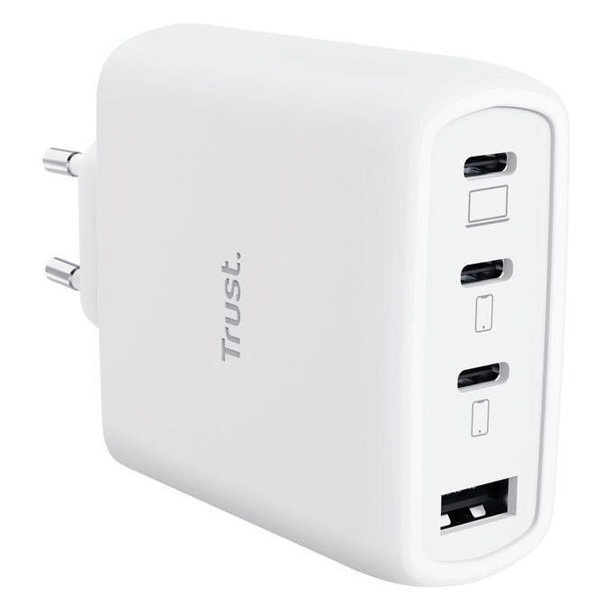 Trust Maxo caricatore universale 65W GaN, 3 porte USB-C, 1 porta USB-A, ricarica rapida, cavo 2m, Bianco